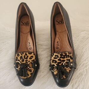 Sofft Aldora Black Leather Calf Hair Leopard Print Tassel Pumps Size 8